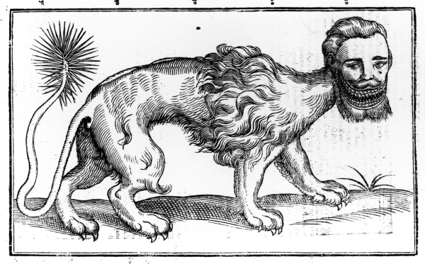 XJF444379 Manticore from 'Historie of Foure-Footed Beastes' by Edward Topsell, published 1607 (woodcut) by Topsell, Edward (c.1572-1625); Private Collection; (add.info.: Topsell's zoological treatise described animals both real, legendary and mythical; The manticore is a legendary creature similar to the Egyptian sphinx; It has the body of a lion, tail of a dragon and a human head with three rows of sharp teeth; The manticore devours its prey whole;); English, out of copyright